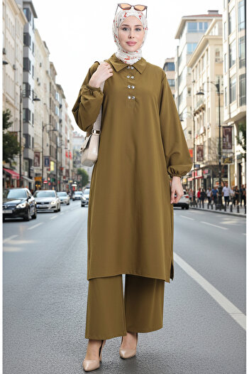 sefamerve Shirt collar tunic pants double set 0123-04 olive green