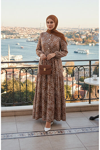 sefamerve Φόρεμα Gülsüm Viscose - Floral Print, Half Button, Mink 0358-04