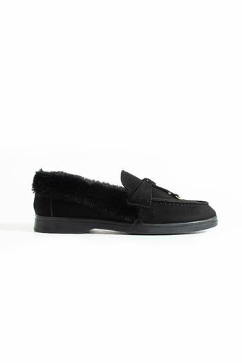 diclepolat Women's Black Loafer Plush Furry Comfortable Suede Shoes Puffy