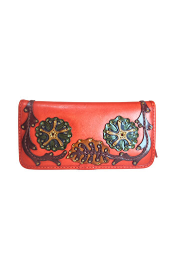GÖN 100% LEATHER HANDMADE WOMEN'S WALLET WITH HORIZONTAL PHONE COMPARTMENT ZIPPER AND FENCE FAPER (LIVA)