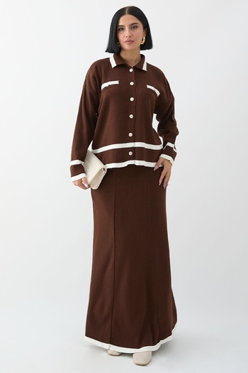 InStyle Bitter Brown Knitwear Set - Skirt Tip Stripe and Cardigan