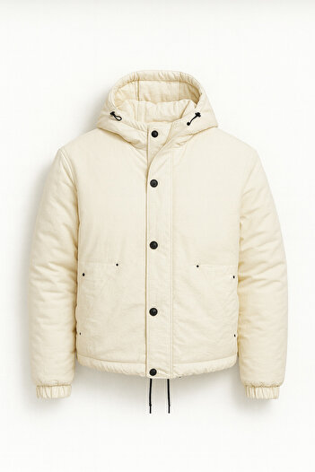 Valiberta Ecru Lightweight Puffer Jacket - Oversize Hooded and Pocket Detailed