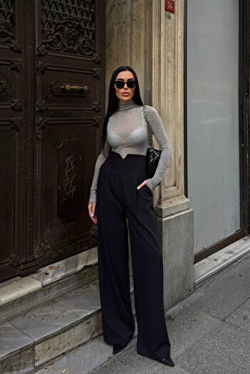 Ortaya Çık Black High Waist Palazzo Trousers
