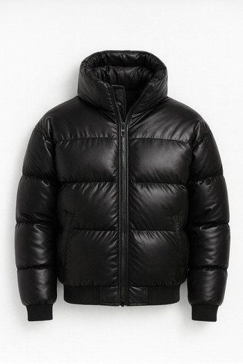 Valiberta Oversize Detachable Puffer Leather Jacket with Hood - Black