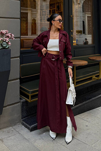Ortaya Çık Burgundy Design Slit Skirt Jacket Women's Set
