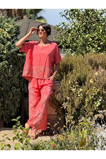 Punta Otantik Nc61253 Italian Floral Printed Linen Suit Coral