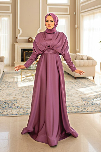 Neva Style Dark Rose Dried Satin Hijab Evening Dress 22470Kgk