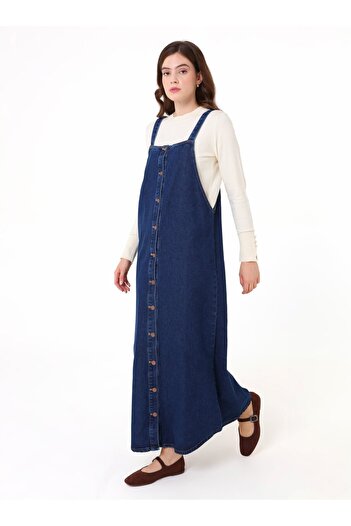 Benin Pamuklu Denim Jile Elbise - Mavi -
