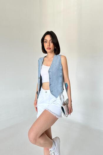 XRAY JEANS Γυναικείο κοντό τζιν γιλέκο με λαιμόκοψη V με βαμβακερό λουράκι Ice Blue