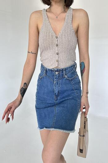 XRAY JEANS Fusta mini din denim albastru din bumbac cu nasturi JeansVibe pentru femei