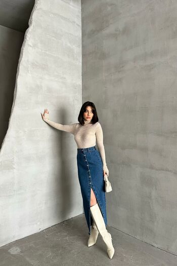 XRAY JEANS Γυναικεία μακριά φούστα μπλε τζιν με σχισμή μέχρι τον αστράγαλο