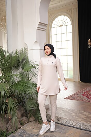 MİMİ Luxury Wear Μπεζ γυναικεία φόρμα Jogger - Ύφασμα κατάδυσης με φερμουάρ, Standard Fit