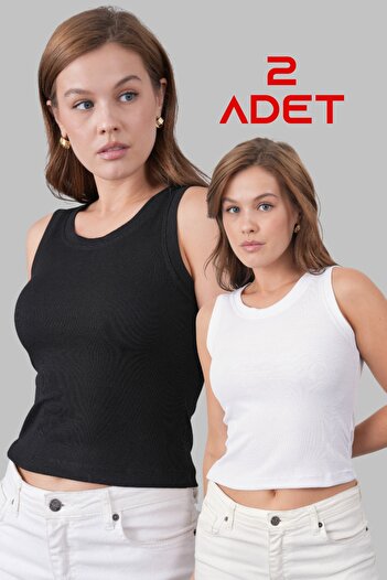 WOMAN VISION Women's Ribbed Look Cotton Fabric Black and White 2-Piece Women's Tank Top Pack 001