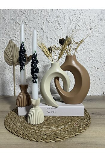 Zigzag Home Διακοσμητικό σετ βάζων 4 τεμαχίων, σετ 2 τεμαχίων Lover Ivy, σετ 2 τεμαχίων με κεριά, Κρέμα καφέ