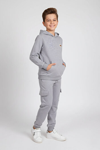 zepkids Hooded Cargo Pocket Gray Melange Color Boy's Tracksuit Set
