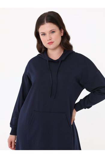 ALİA Cotton Hooded Sports Plus Size Dress - Navy Blue - Alia