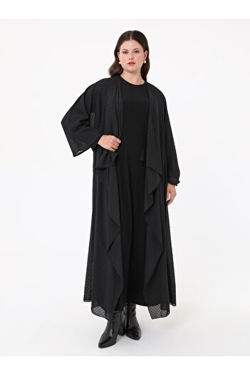 ALİA Plus Size Asymmetrical Cut Out Evening Dress Double Abaya Set - Black -