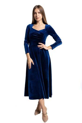 mica Women's Midi Dress with V-Neck and Long Sleeves