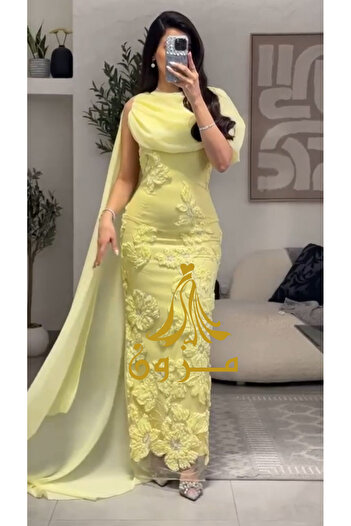 MEZON FASHION فستان ليموني تطريز ورد ثلاثثي الابعاد