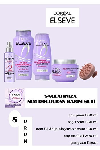 ELSEVE Hydra [hyaluronic] Nem İle Dolgunlaştıran Saç Bakım Seti - Şampuan+Saç Bakım Kremi+Serum+Maske+fırça