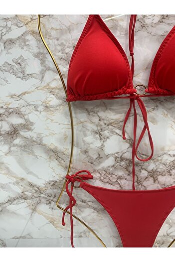 VAJESTO Kadın Kırmızı Halka Detay String Yandan Ve Boyundan Bağlamalı Şık İpli Tanga Likralı Bikini Takım