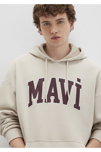 Mavi Logo Printed Hooded Beige Sweatshirt 067149-70004