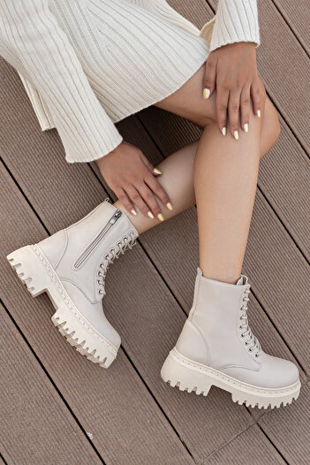 MY GROSS SHOES Kadın Bej İçi Kürklü Su&Soğuha Dayanıklı Kaymaz Taban Garantili Kışlık Bot