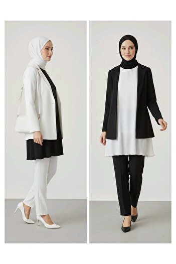 moda benna Pleated Black-Ecru 2-Piece Set Women's Hijab Shirt Pleated Tunic Innerwear Blouse Tshirt T-Shirt