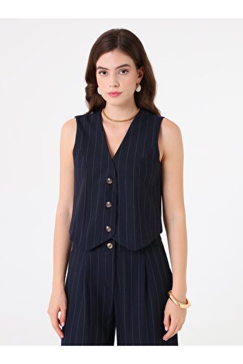 Refka Navy Blue Striped Classic Fabric Vest - Navy Blue Striped - Refka