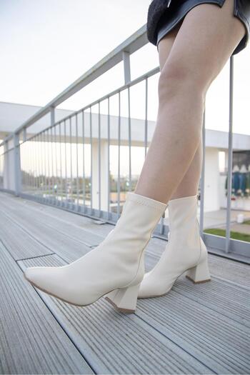FSKOMBİN Vista Stretch Ecru Leather Women's Heeled Boots