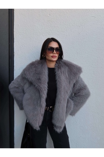 ESRAHELVACI Premium Gray Double Breasted Fur Coat