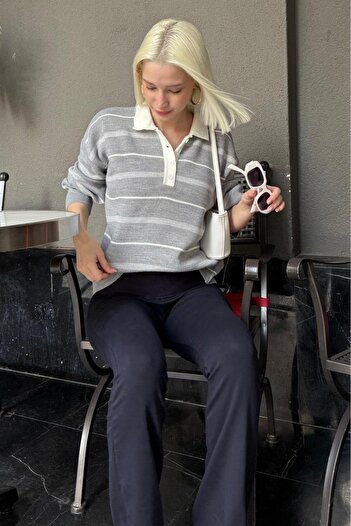 Madmext Gray Striped Polo Neck Women's Sweater Mg2476