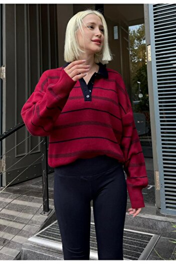 Madmext Bordo Çizgili Polo Yaka Kadın Kazak Mg2476
