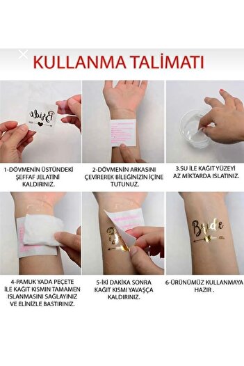 Deniz Party Store Gümüş 2 adet bride 10 adet team bride dövme seti 12 li