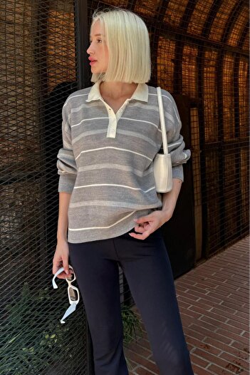Madmext Gray Striped Polo Neck Women's Sweater Mg2476