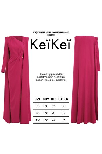 Keikei Fuşya krep uzun kol uzun elbise