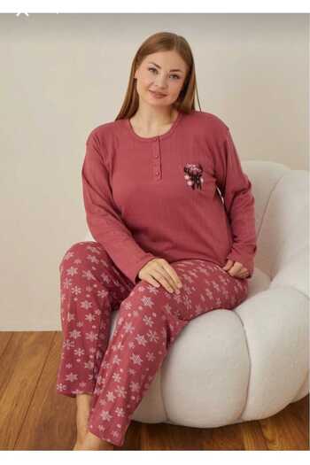 Eyfuze Women's Winter Plus Size Curve Embroidered Patterned Collar Buttoned Long Sleeve Pajama Set