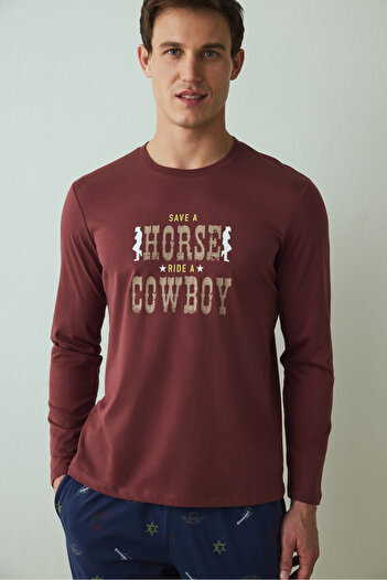 Penti Men's Cowboy Slogan Printed Pajama Set