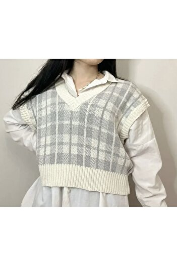 moda mh Moda MH Ekose Taş Gri Crop 45 Cm