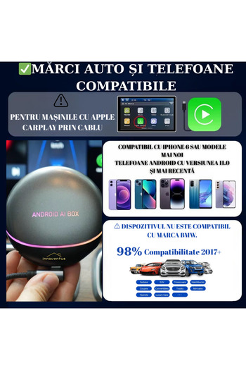 INNOVENTUS Adaptor auto wireless CarPlay și Android Auto INNOVENTUS® – AI Box Android 12, Octa-Core, 8GB RAM