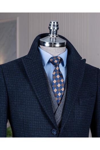 TerziAdemAltun Italian Style Slim Fit Pointed Collar Wool Blended Cashew Men's Coat Navy Blue T13442