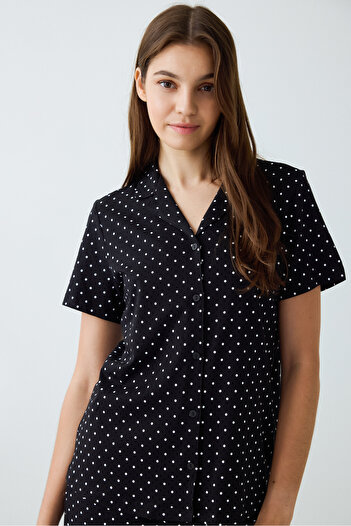 Penti Black Polka Dot Pattern Shirt Collar Short Sleeve Pajama Set