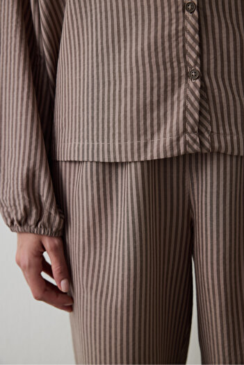Penti Bej Brownish Ekoseli Gömlek Yaka Pamuklu Bağlama Detaylı Pijama Takımı