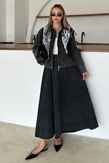 Olcay Zipper Closure Stitching Detail Jacket Skirt Denim Suit Anthracite 9380-Tk