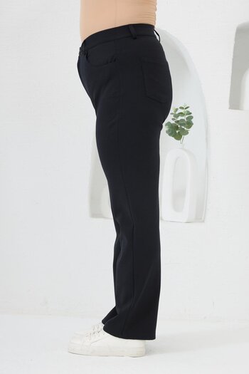 RMG Plus Size Pipe Leg Steel Knitted Trousers Navy Blue