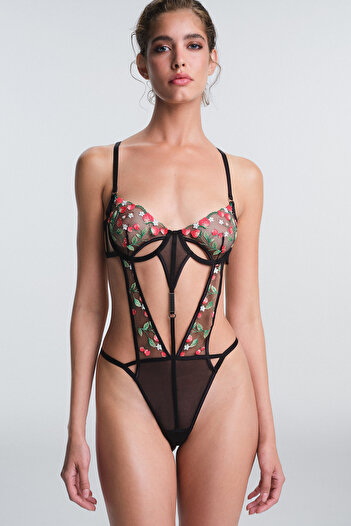 Penti Black Nera Floral Patterned Underwire Bodysuit with Embroidery Detail