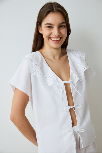 Penti Optical White Alia Ruched V Neck Short Sleeve Pajama Set