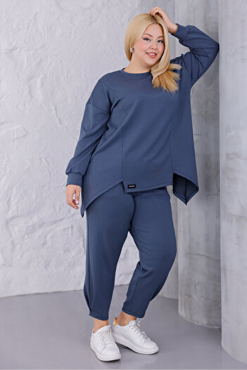 MAG FASHİON Plus Size Top and Bottom Set Anthracite Asymmetrical Posture Pants with Pleated Detail on the Leg