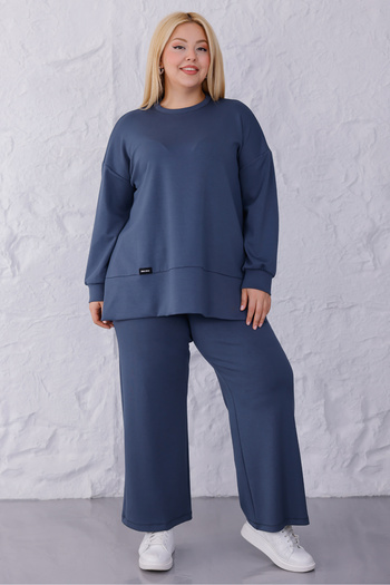 MAG FASHİON Plus Size Top and Bottom Set Anthracite Pants Wide Leg