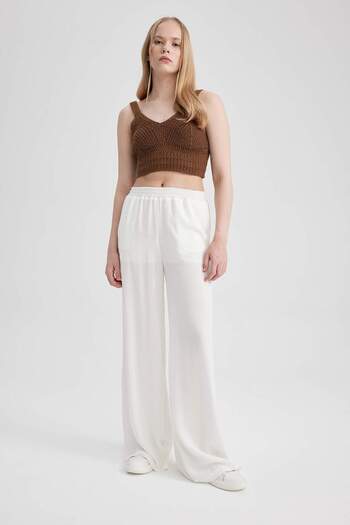 DeFacto Crinkle Viscose Trousers Wide Leg Wide Loose Leg Basic Plain High Waist Standard Size Z5705Az23Hs